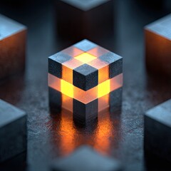 Illuminated cube, surrounded by dark cubes