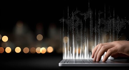 Hands typing on a laptop, data visualizations overlay