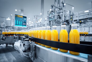 Rows of glass bottles filled with vibrant orange liquid moving along a metal conveyor belt inside of a brightly lit industrial factory