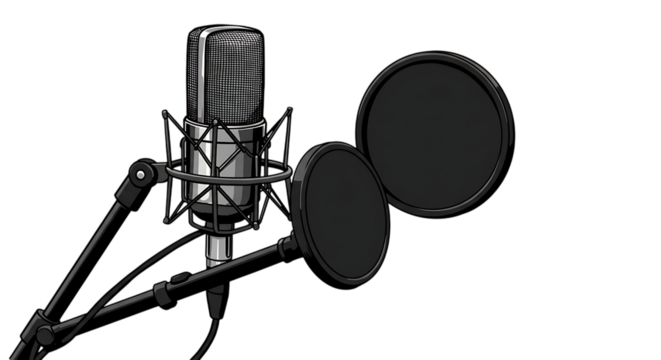 A vintage condenser microphone with a pop filter mounted on a stand showcasing its metallic grille and intricate design isolated on white background - Powered by Adobe