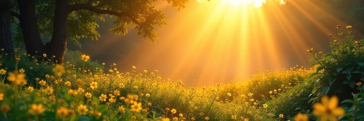 A serene landscape bathed in golden sunlight, symbolizing the flow of universal energy and spiritual connection with nature  Perfect for meditation, mindfulness, and wellness themes , sun,  balance