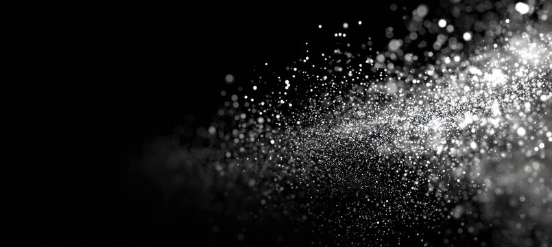 Abstract black background with a scattering of white, shining particles resembling dust or stars
