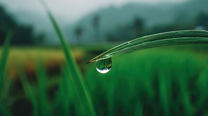 Dewdrop hanging from a blade of grass in a field, reflecting the bright sky. Backdrop of green hills, creating serene, lush atmosphere