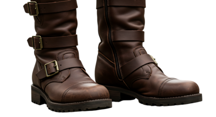 A pair of rugged distressed brown leather biker boots with multiple buckles and straps showcasing detailed stitching and a thick sole isolated on white background