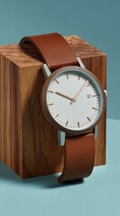 A minimalist wristwatch with a brown leather strap, set against a wooden block and light blue backdrop