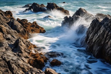 Obraz premium Crashing ocean waves against rugged coastal rocks water spray