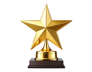 Three-Dimensional Golden Star Trophy on Pedestal, Angled Side Perspective, Isolated