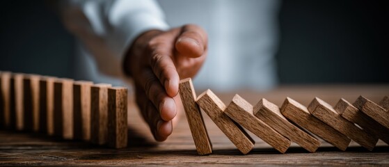 Naklejka premium A hand prevents a row of wooden dominoes from falling on a textured wooden surface against a dark background