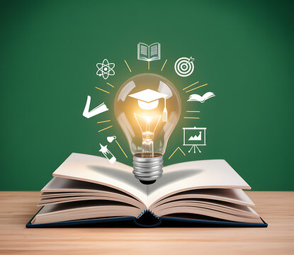 Bright idea light bulb glowing above open book with educational icons on chalkboard background