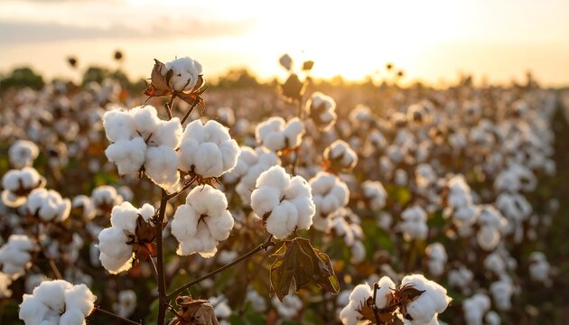 Cotton field at sunset Fluffy white bolls in a rural agricultural landscape. - Powered by Adobe