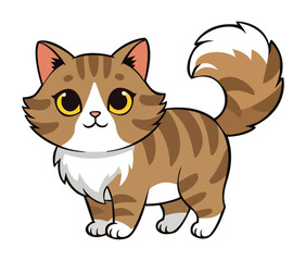 Obraz premium Cute brown and white striped cartoon cat with big yellow eyes and a fluffy tail, a playful vector illustration of a kitten