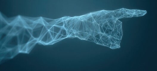 Abstract digital hand pointing, composed of interconnected lines and points, against a dark teal background