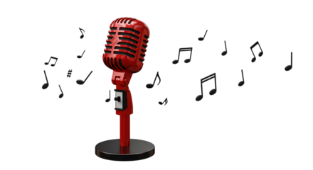 Vintage retro red microphone with a classic design and metallic stand isolated on white background