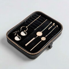 Elegant gold and black jewelry collection in a black velvet-lined case