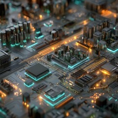 Fototapeta premium Detailed close-up of a circuit board, showcasing complex components with glowing lights