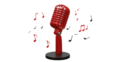 Classic retro red vintage microphone with musical notes floating around it isolated on white background