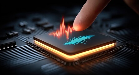 A fingertip touches a glowing audio chip on a circuit board