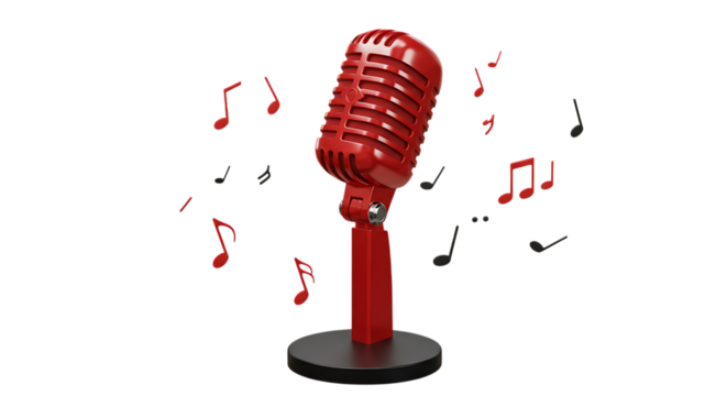 Classic retro red vintage microphone with musical notes floating around it isolated on white background