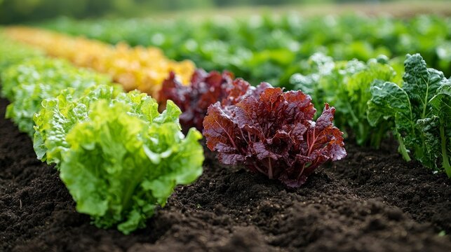 Vibrant rows of various lettuces thriving in a fertile garden bed