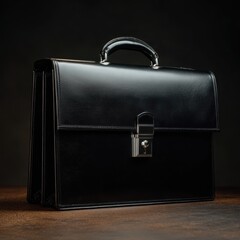Classic black leather briefcase with shiny silver lock and handle on a dark, textured surface