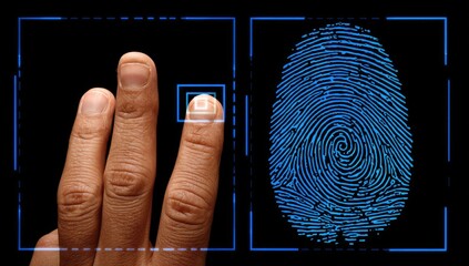 Fingertip placed on a fingerprint scanner, showing a digital representation of a fingerprint