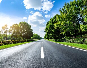 Empty asphalt road through a lush green park under a partly cloudy blue sky