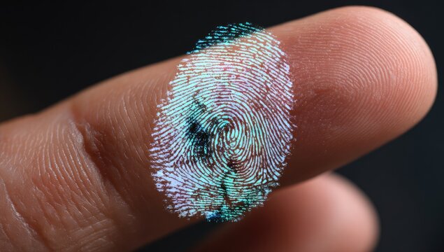 Close-up of a fingertip with a digital fingerprint overlay - Powered by Adobe