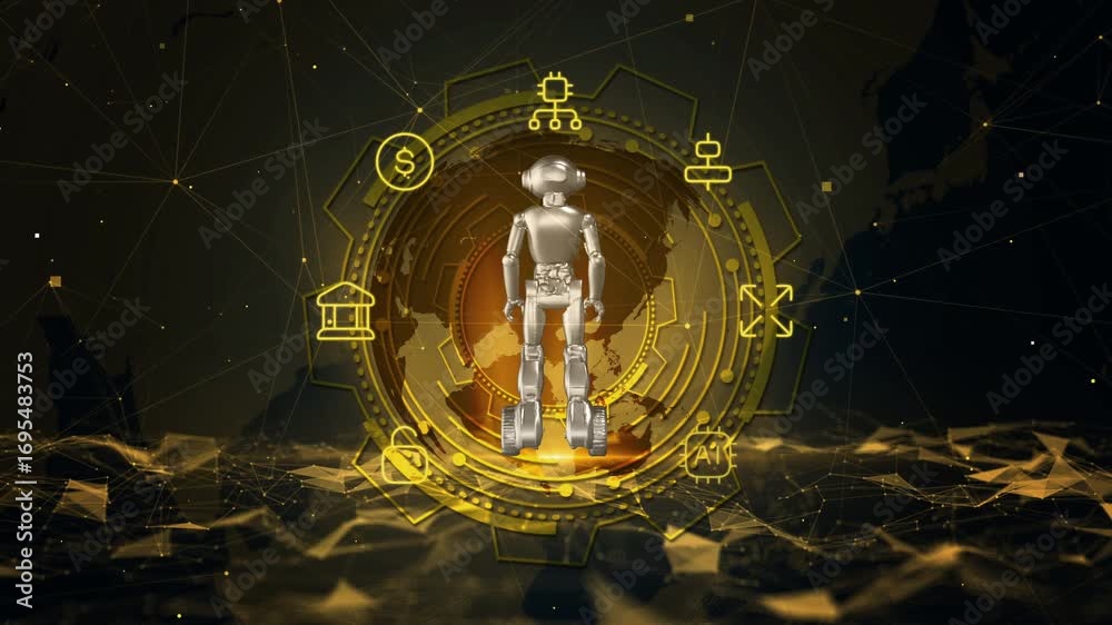 Wall mural futuristic robot in abstract digital world with network connectivity theme