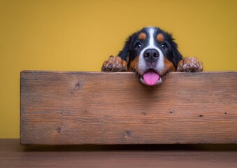 Dog peeking over a wooden plank against a yellow background