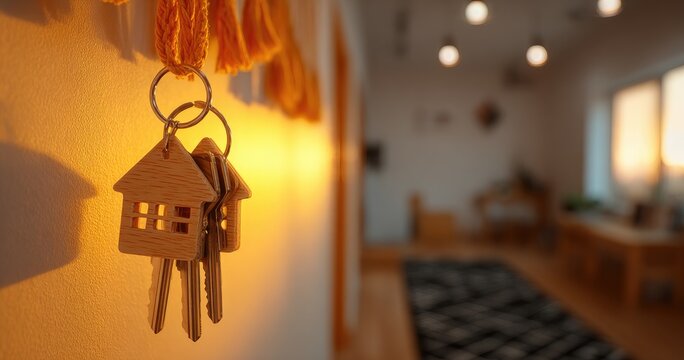 Keys with house-shaped charms hanging on a wall, bathed in warm sunlight, leading to a bright interior