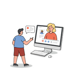 Bright 2D flat design vector illustration depicts a focused student actively interacting with their attentive teacher during a dynamic online class on a clean white background.