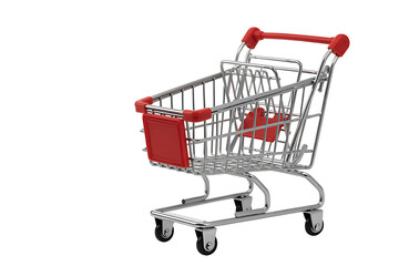 Empty metal shopping cart with red basket and handle isolated on for retail and consumerism concepts