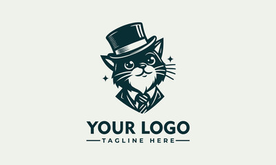 Sophisticated black cat wearing a top hat and bow tie, logo design.