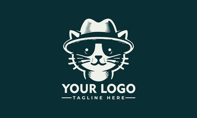 A stylized illustration of a cat wearing a fedora, designed for a logo.