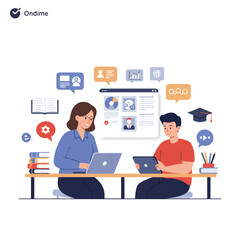 A vibrant flat 2D illustration depicts a teacher and student actively collaborating during an online learning session on a clean white background, emphasizing digital education and partnership.