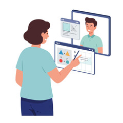 Teacher sharing screen with student online, a colorful flat 2D vector illustration depicting remote education and digital learning on a pristine white background.