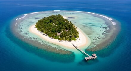 A tranquil tropical island, ringed by turquoise water, showcasing a secluded beach and wooden pier.
