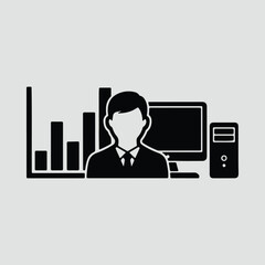 Silhouette businessman with computer and charts vector illustrator