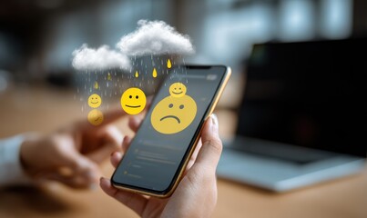 Hands hold phone displaying a sad yellow face with rain clouds above it, laptop blurred behind it