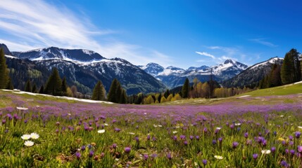 Majestic mountain vista with vibrant purple and white wildflowers alpine meadow
