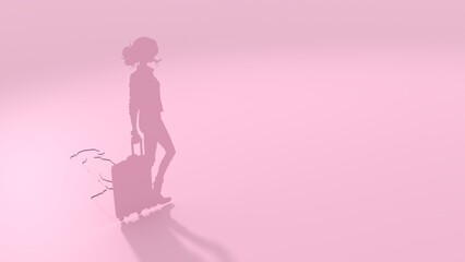 Woman silhouette. Young female traveler walking with suitcase goes on vacation. Concept of an urban transportation and travel or lifestyle blogs. Paper cut style. 3D render.
