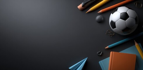 Arranged pencils, eraser, paperclip, paper plane, notes and soccer ball on a dark grey background, top right corner arrangement