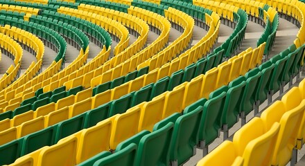 A captivating view of a stadium's tiered seating, arranged in alternating rows of vibrant yellow and deep green plastic chairs.