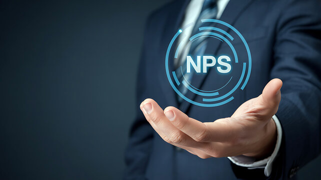 Businessman presents nps net promoter score customer loyalty metric and business growth strategy concept