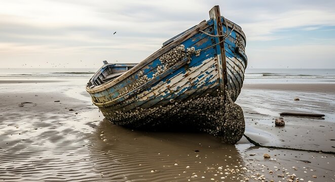 A weathered wooden fishing boat rests on a sandy beach, its faded blue and white paint adorned with barnacles and shells, reflecting the serene and quiet coastal scene.