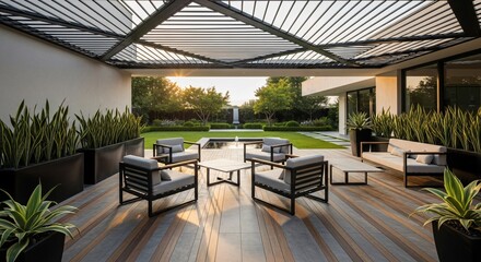 Obraz premium Modern Luxury Patio Oasis with Stylish Seating and Serene Water Feature