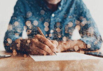 Close-up of a person writing, overlaid with blurred city silhouettes