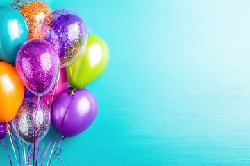 Colorful balloons in a bunch against a vibrant teal background
