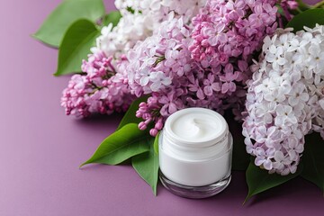 Lilac flowers and cream jar on purple background
