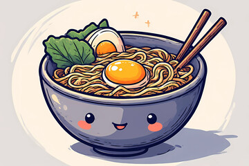 A cute and happy bowl of ramen with a soft-boiled egg, noodles, and fresh greens in a playful, cartoon style.